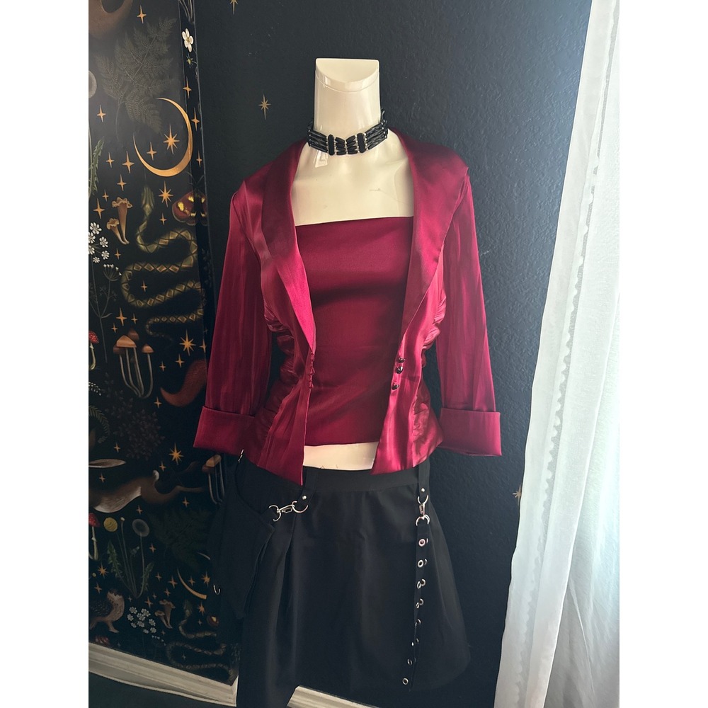 XSCAPE Joanna Chen Burgundy Red Metallic Satin Blazer and Cami Top Set Size 12